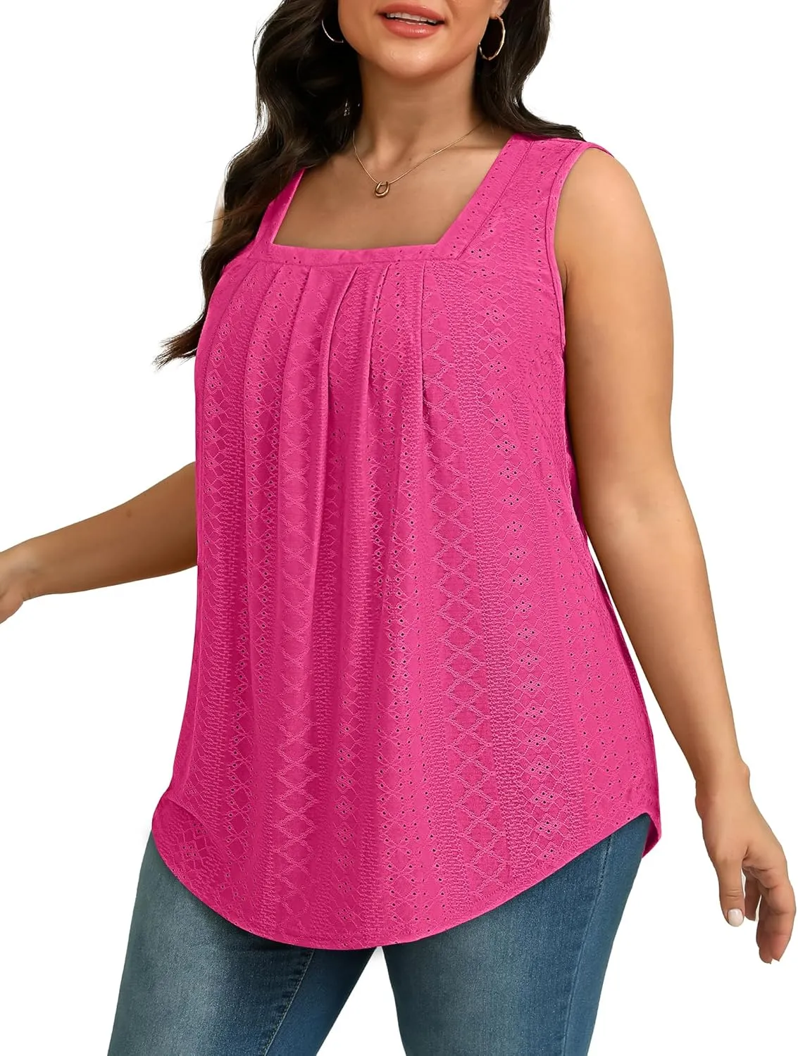 Saloogoe Tank Top for Women Loose Fit Eyelet Summer Tops Flowy Sleeveless Blouses Pleated Square Neck Curved Hem Fashion
