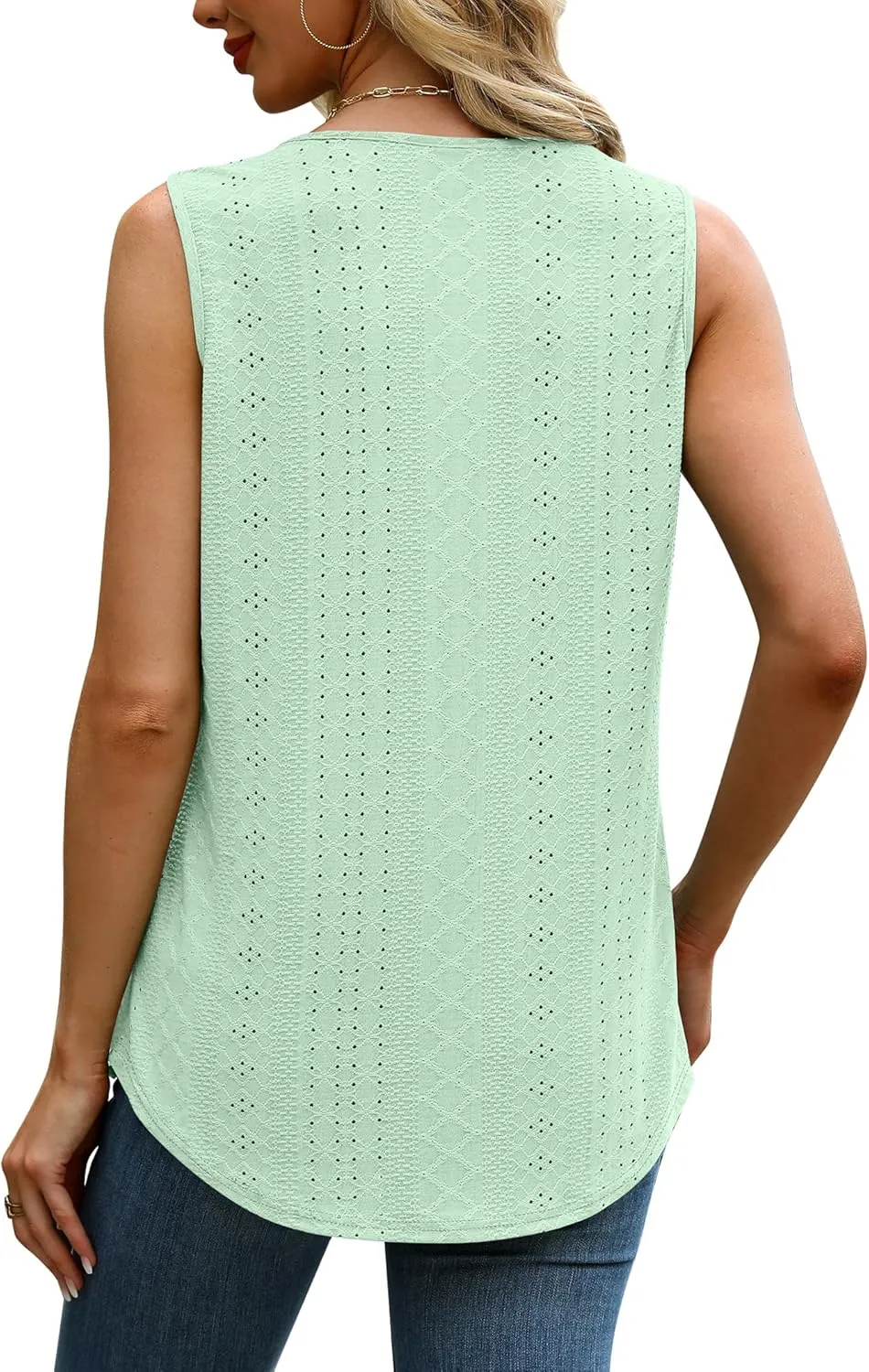 Saloogoe Tank Top for Women Loose Fit Eyelet Summer Tops Flowy Sleeveless Blouses Pleated Square Neck Curved Hem Fashion