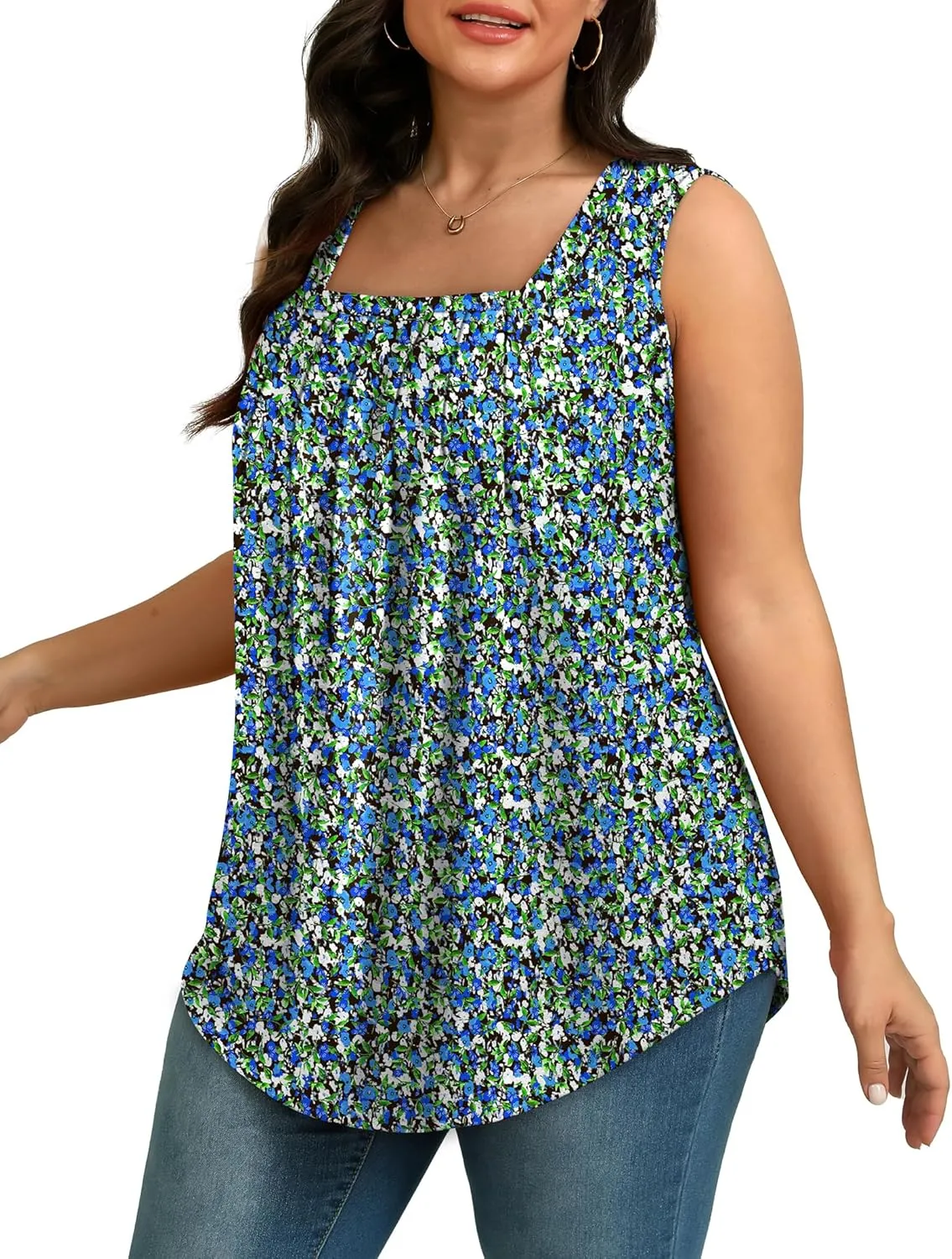 Saloogoe Tank Top for Women Loose Fit Eyelet Summer Tops Flowy Sleeveless Blouses Pleated Square Neck Curved Hem Fashion