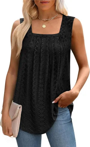 Saloogoe Tank Top for Women Loose Fit Eyelet Summer Tops Flowy Sleeveless Blouses Pleated Square Neck Curved Hem Fashion