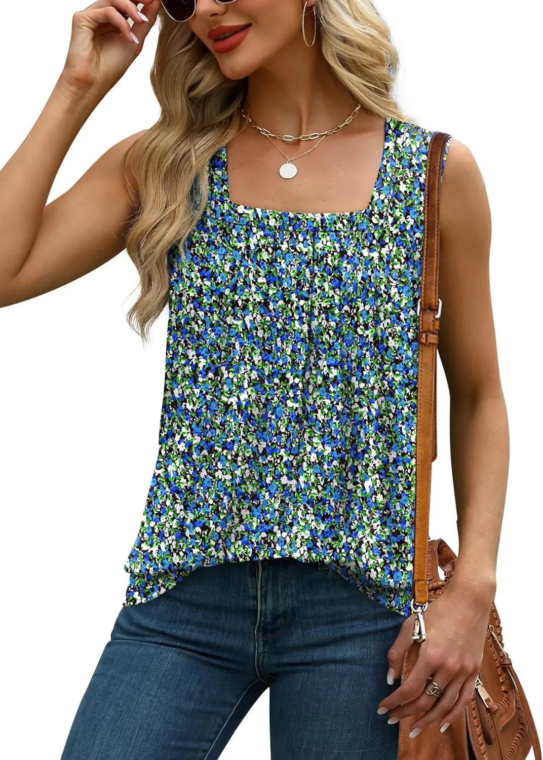 Saloogoe Tank Top for Women Loose Fit Eyelet Summer Tops Flowy Sleeveless Blouses Pleated Square Neck Curved Hem Fashion
