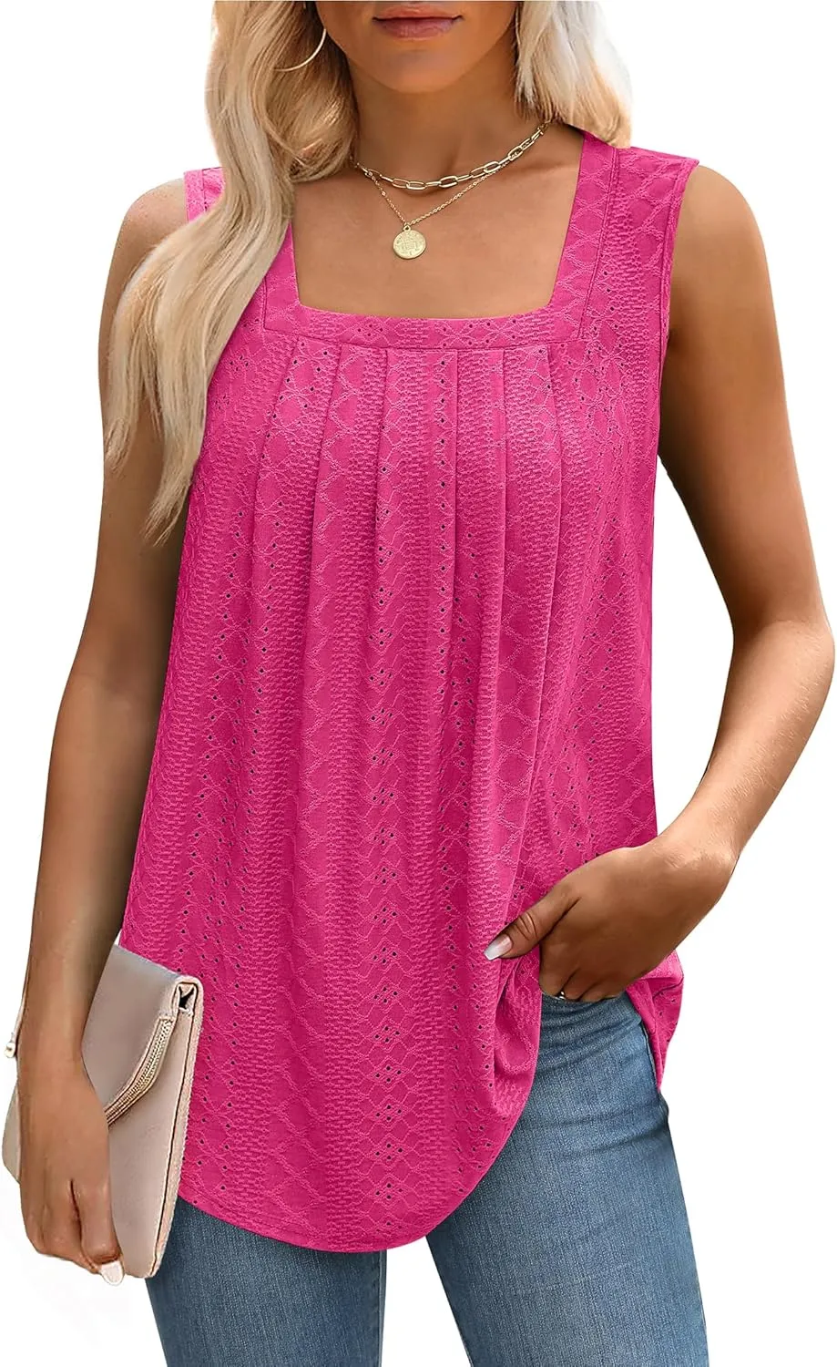 Saloogoe Tank Top for Women Loose Fit Eyelet Summer Tops Flowy Sleeveless Blouses Pleated Square Neck Curved Hem Fashion