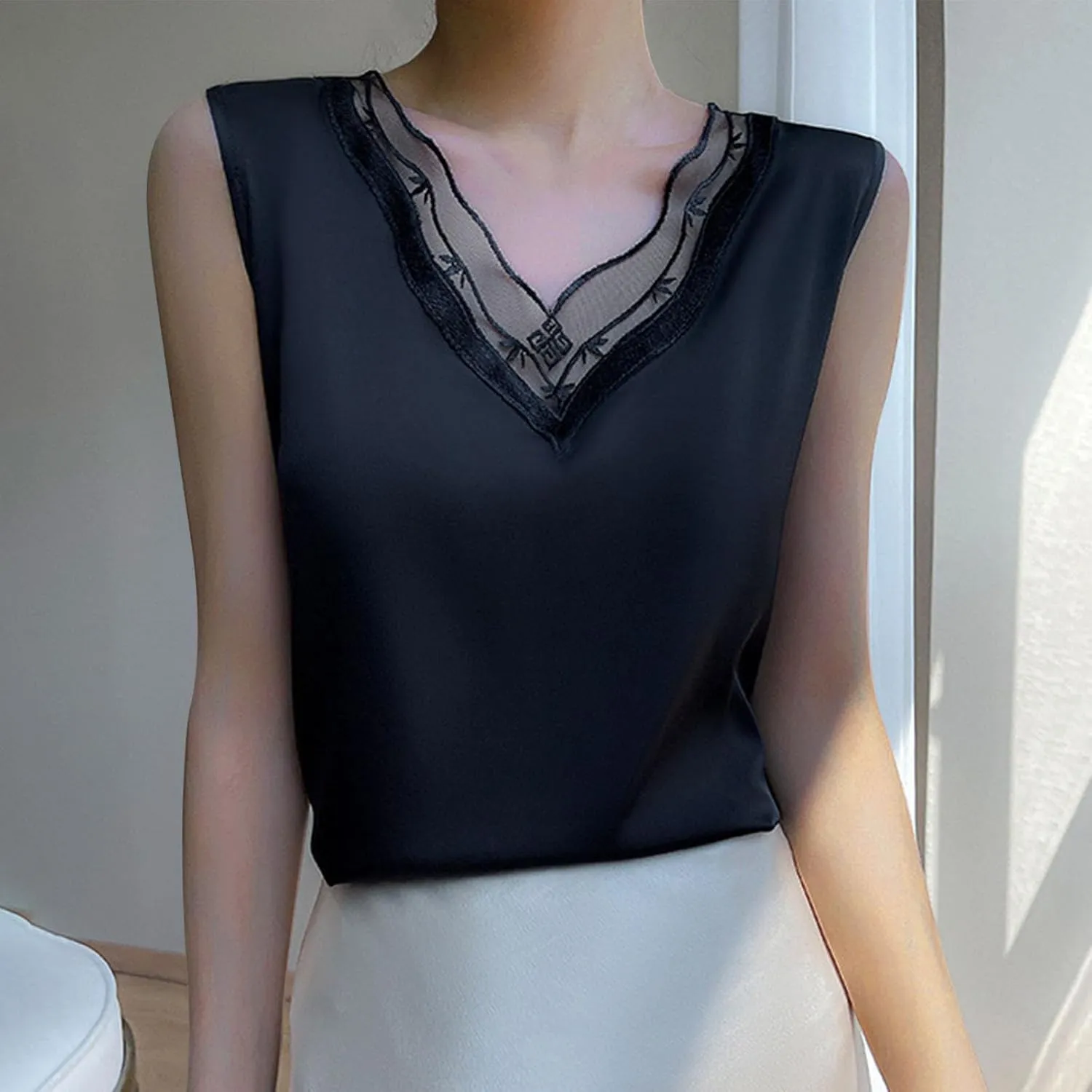 Satin Tank Tops for Women Lace V Neck Loose Fit Sleeveless Cami Blouses Summer Casual Soft Mesh Basic Sleepwear