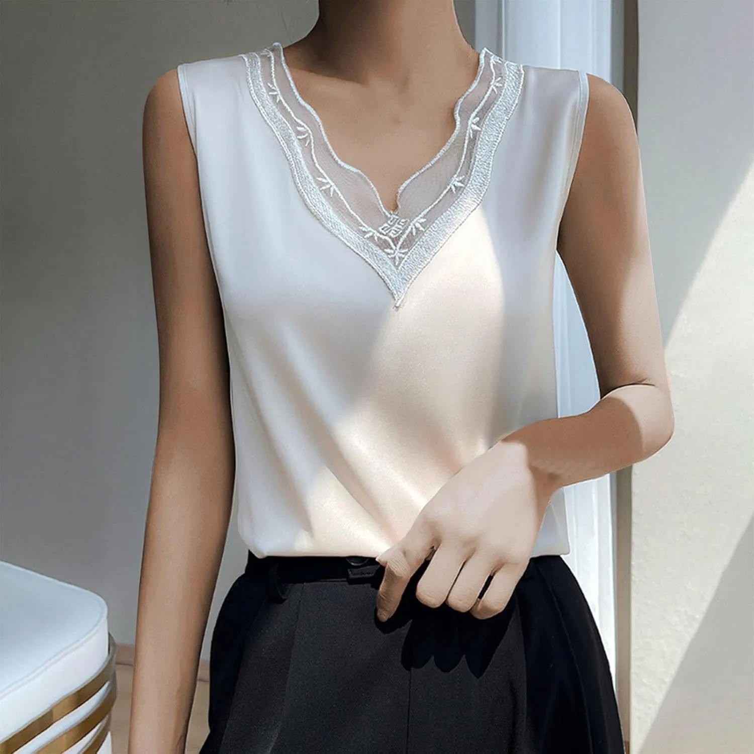 Satin Tank Tops for Women Lace V Neck Loose Fit Sleeveless Cami Blouses Summer Casual Soft Mesh Basic Sleepwear