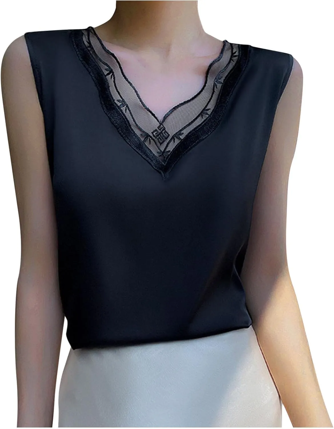 Satin Tank Tops for Women Lace V Neck Loose Fit Sleeveless Cami Blouses Summer Casual Soft Mesh Basic Sleepwear