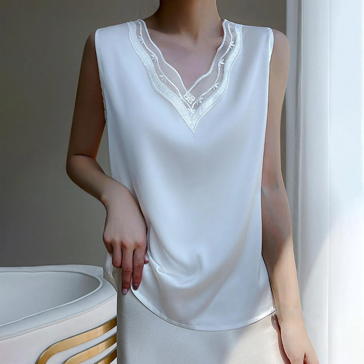 Satin Tank Tops for Women Lace V Neck Loose Fit Sleeveless Cami Blouses Summer Casual Soft Mesh Basic Sleepwear