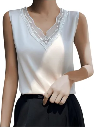 Satin Tank Tops for Women Lace V Neck Loose Fit Sleeveless Cami Blouses Summer Casual Soft Mesh Basic Sleepwear