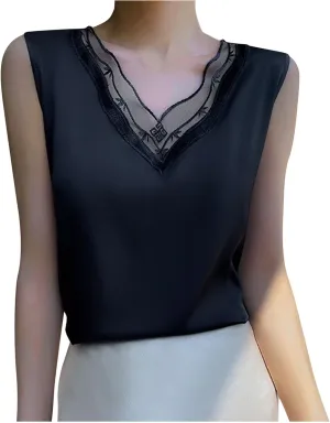 Satin Tank Tops for Women Lace V Neck Loose Fit Sleeveless Cami Blouses Summer Casual Soft Mesh Basic Sleepwear