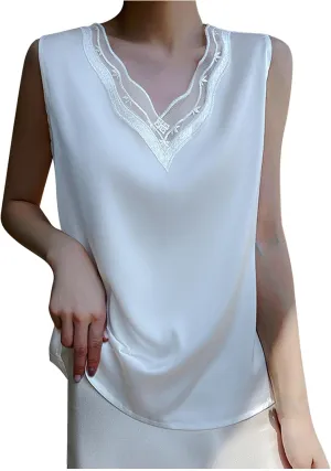Satin Tank Tops for Women Lace V Neck Loose Fit Sleeveless Cami Blouses Summer Casual Soft Mesh Basic Sleepwear