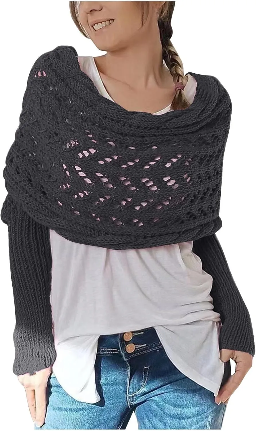 Scarf with Sleeves for Women,Knitted Double Sleeve Scarf Cross Wrap Sweater Shawl Winter Crochet Shrug Scarves