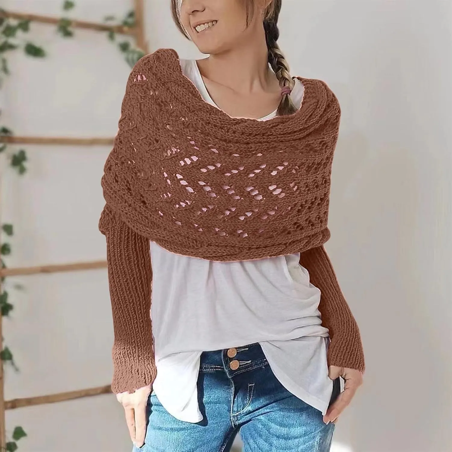 Scarf with Sleeves for Women,Knitted Double Sleeve Scarf Cross Wrap Sweater Shawl Winter Crochet Shrug Scarves