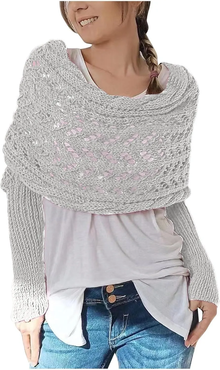 Scarf with Sleeves for Women,Knitted Double Sleeve Scarf Cross Wrap Sweater Shawl Winter Crochet Shrug Scarves