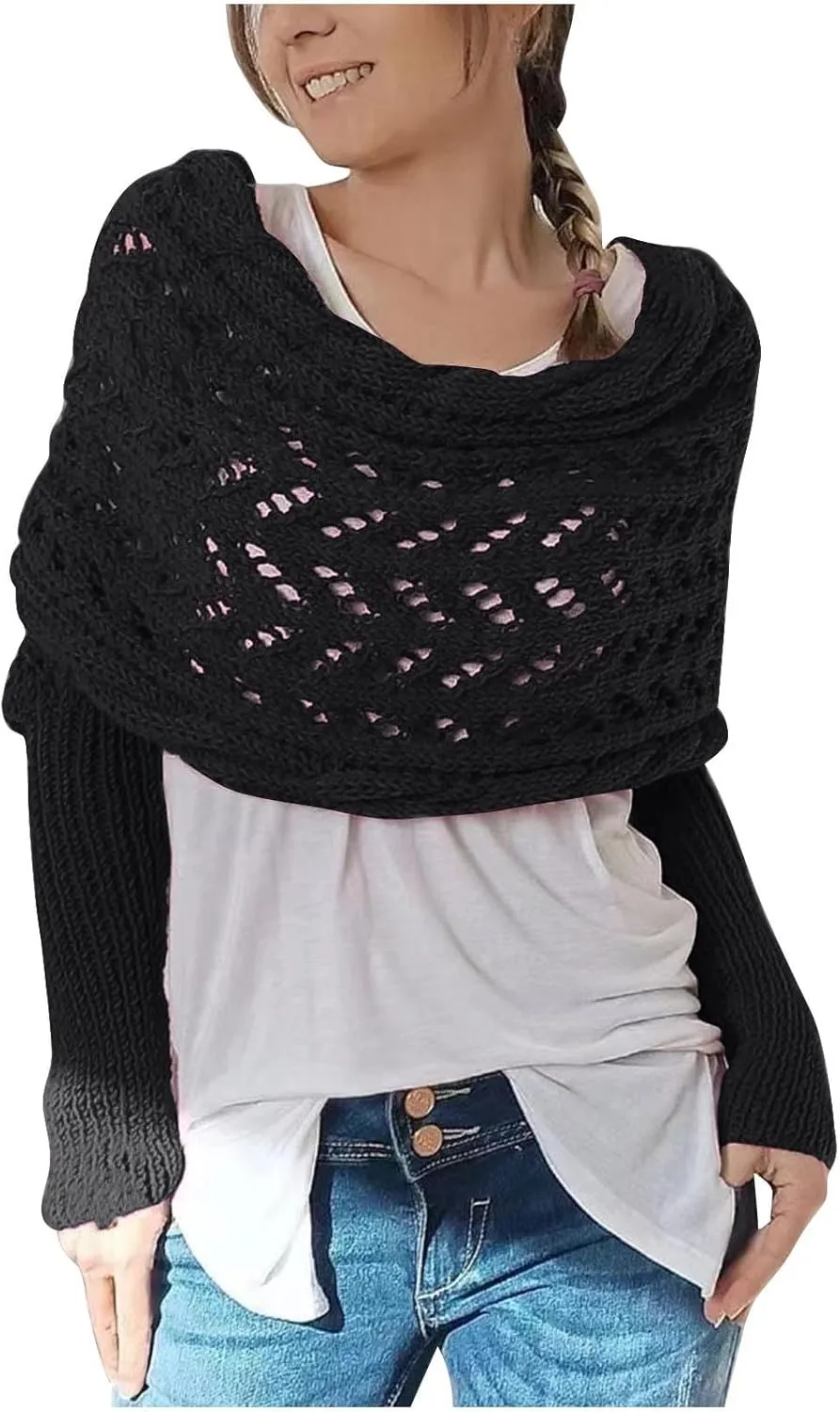 Scarf with Sleeves for Women,Knitted Double Sleeve Scarf Cross Wrap Sweater Shawl Winter Crochet Shrug Scarves