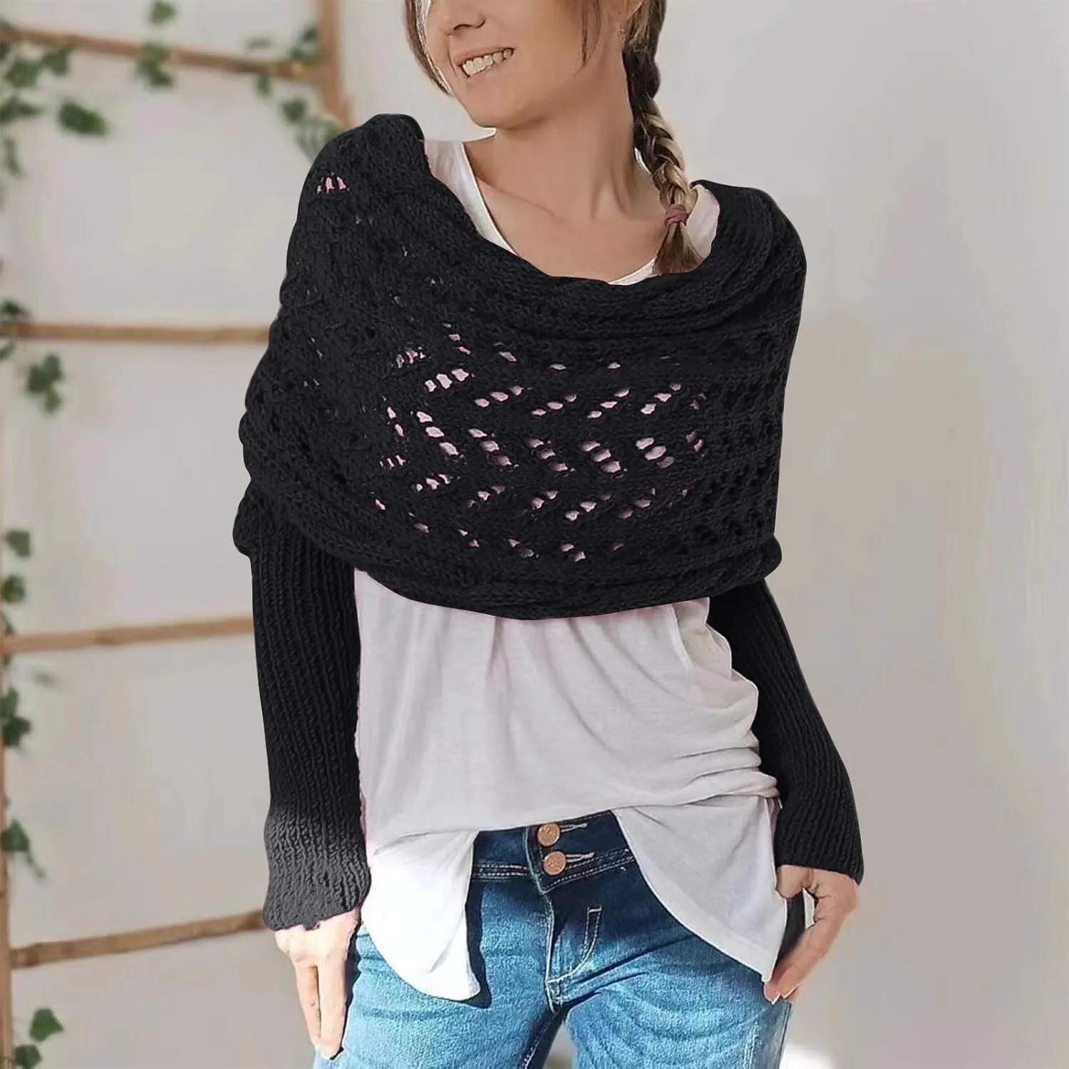 Scarf with Sleeves for Women,Knitted Double Sleeve Scarf Cross Wrap Sweater Shawl Winter Crochet Shrug Scarves