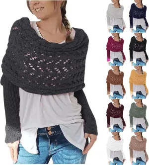 Scarf with Sleeves for Women,Knitted Double Sleeve Scarf Cross Wrap Sweater Shawl Winter Crochet Shrug Scarves