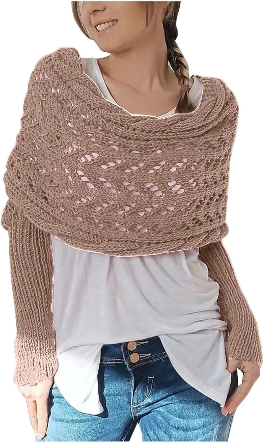 Scarf with Sleeves for Women,Knitted Double Sleeve Scarf Cross Wrap Sweater Shawl Winter Crochet Shrug Scarves
