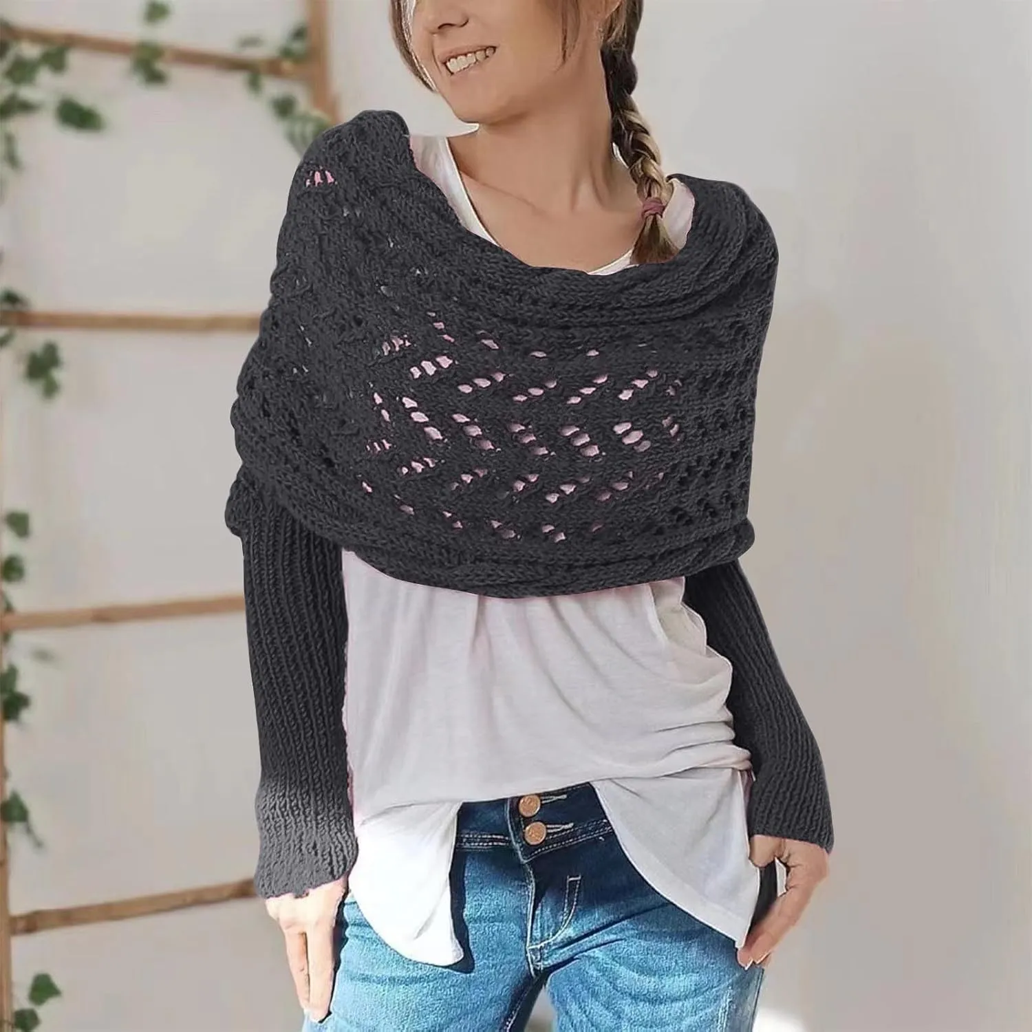 Scarf with Sleeves for Women,Knitted Double Sleeve Scarf Cross Wrap Sweater Shawl Winter Crochet Shrug Scarves
