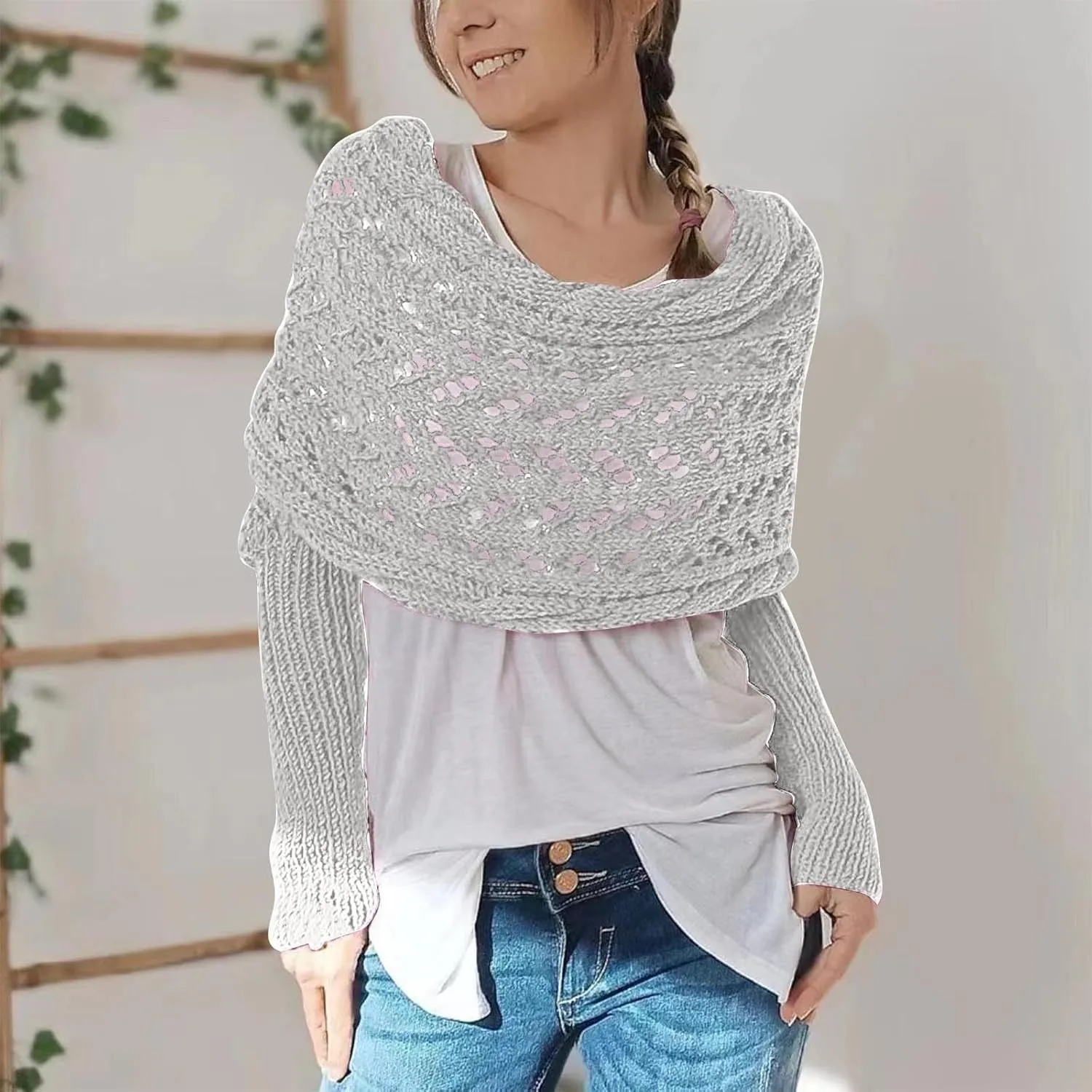 Scarf with Sleeves for Women,Knitted Double Sleeve Scarf Cross Wrap Sweater Shawl Winter Crochet Shrug Scarves