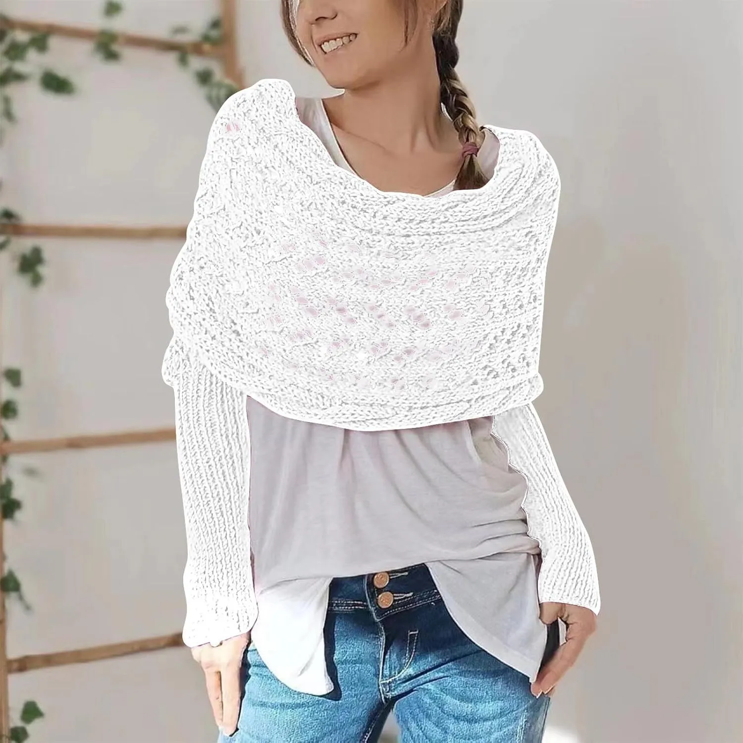 Scarf with Sleeves for Women,Knitted Double Sleeve Scarf Cross Wrap Sweater Shawl Winter Crochet Shrug Scarves