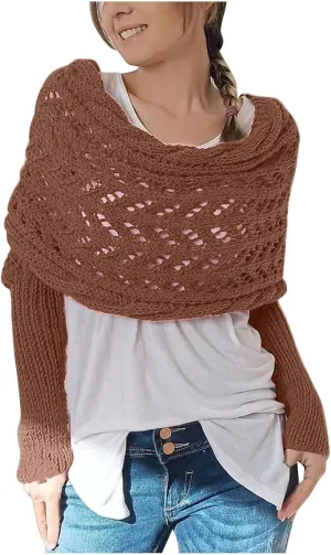 Scarf with Sleeves for Women,Knitted Double Sleeve Scarf Cross Wrap Sweater Shawl Winter Crochet Shrug Scarves