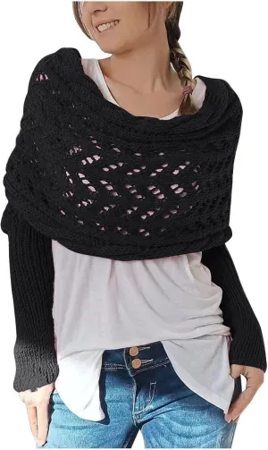 Scarf with Sleeves for Women,Knitted Double Sleeve Scarf Cross Wrap Sweater Shawl Winter Crochet Shrug Scarves