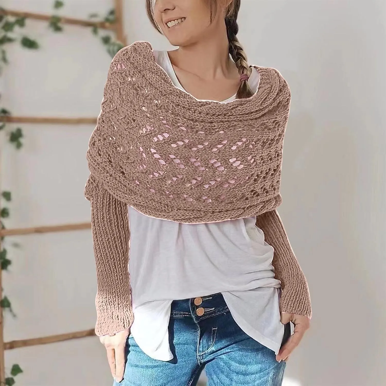Scarf with Sleeves for Women,Knitted Double Sleeve Scarf Cross Wrap Sweater Shawl Winter Crochet Shrug Scarves