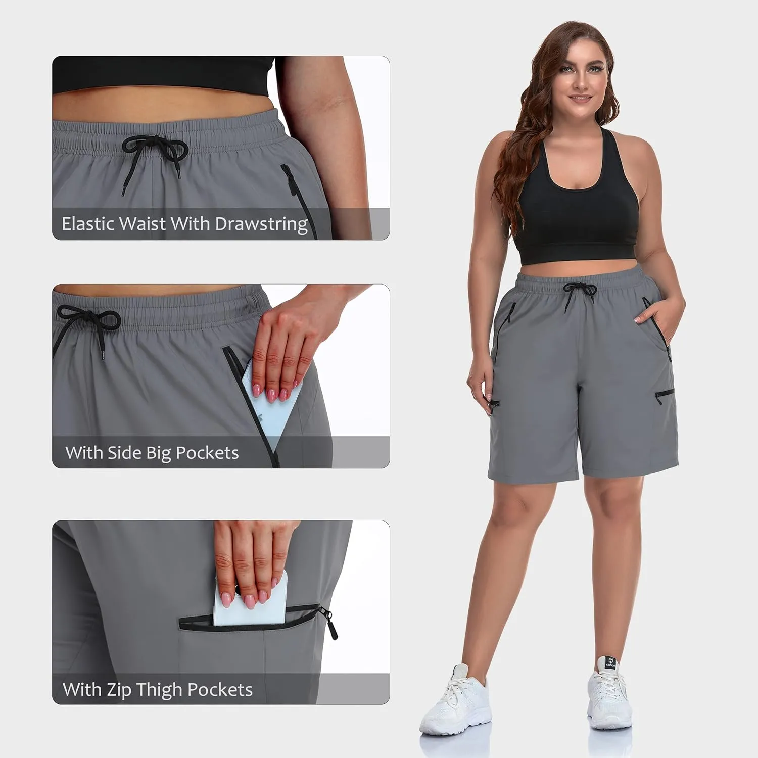SEKINO Women's Plus Size Hiking Cargo Shorts Lightweight Quick Dry Summer Shorts Athletic Outdoor Shorts Zippered Pockets