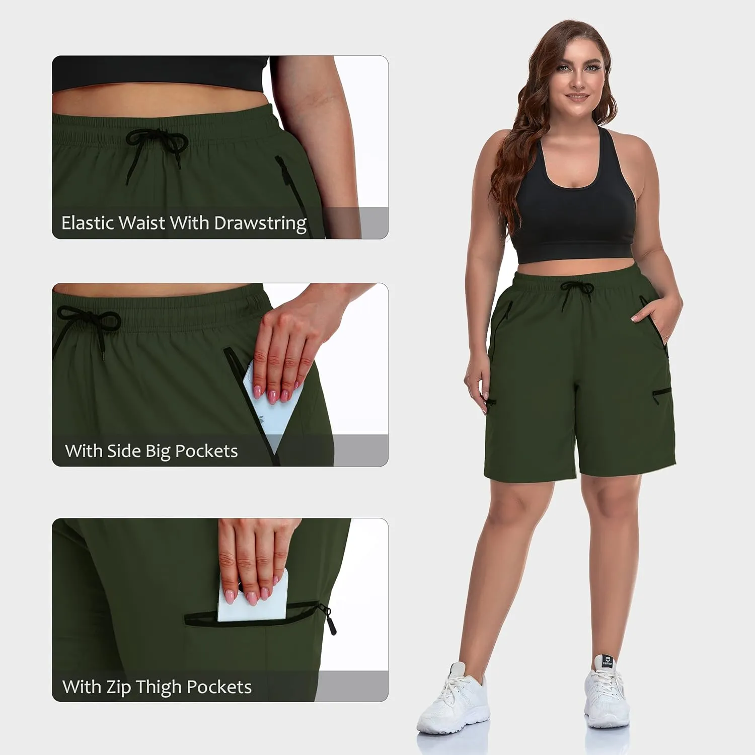 SEKINO Women's Plus Size Hiking Cargo Shorts Lightweight Quick Dry Summer Shorts Athletic Outdoor Shorts Zippered Pockets
