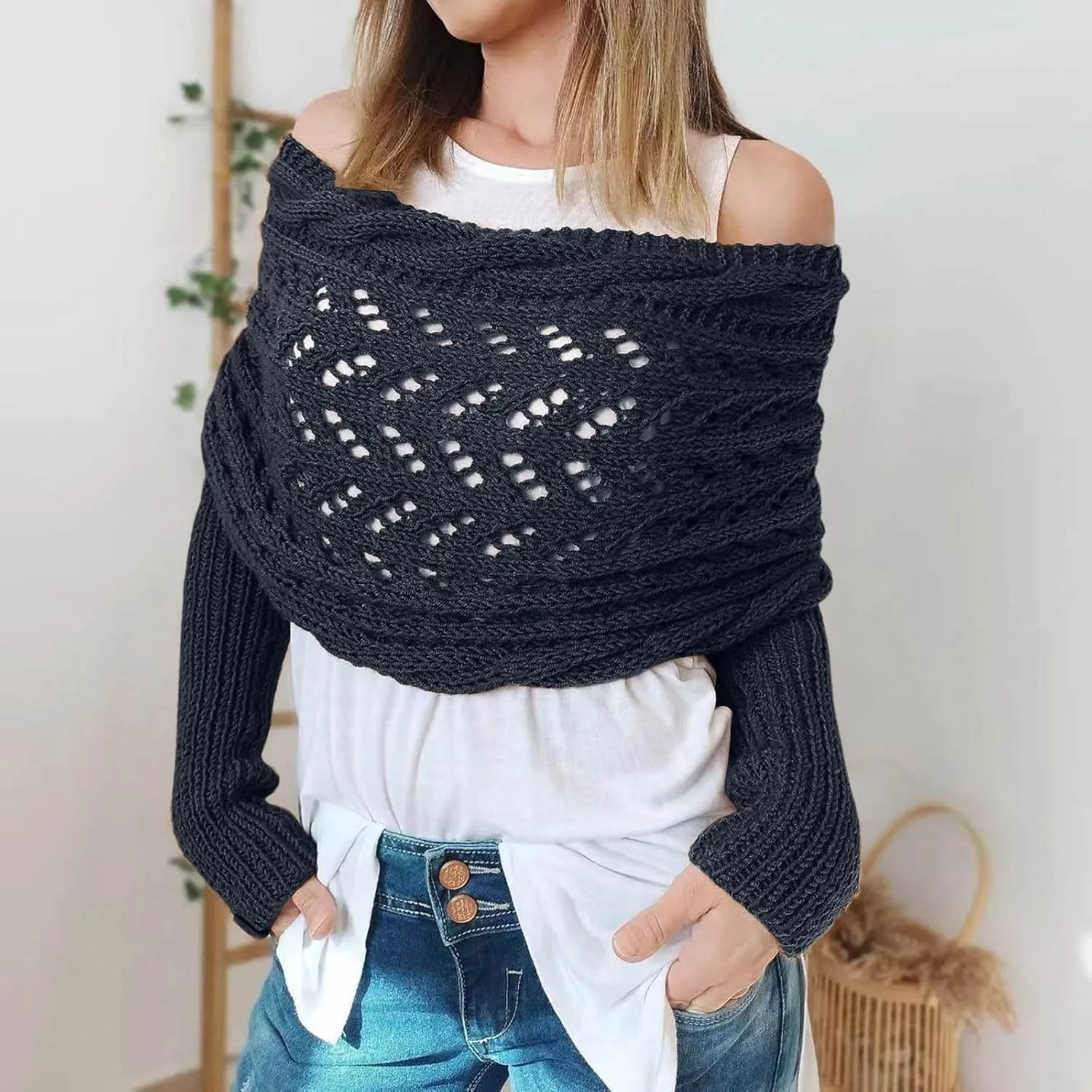 Shawl Wraps for Women Knitted Cable Wrap Sweater for Women Knitted Double Sleeve Scarf Hollow Out Crochet Shrugs