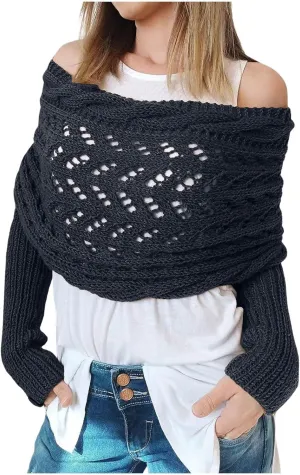 Shawl Wraps for Women Knitted Cable Wrap Sweater for Women Knitted Double Sleeve Scarf Hollow Out Crochet Shrugs