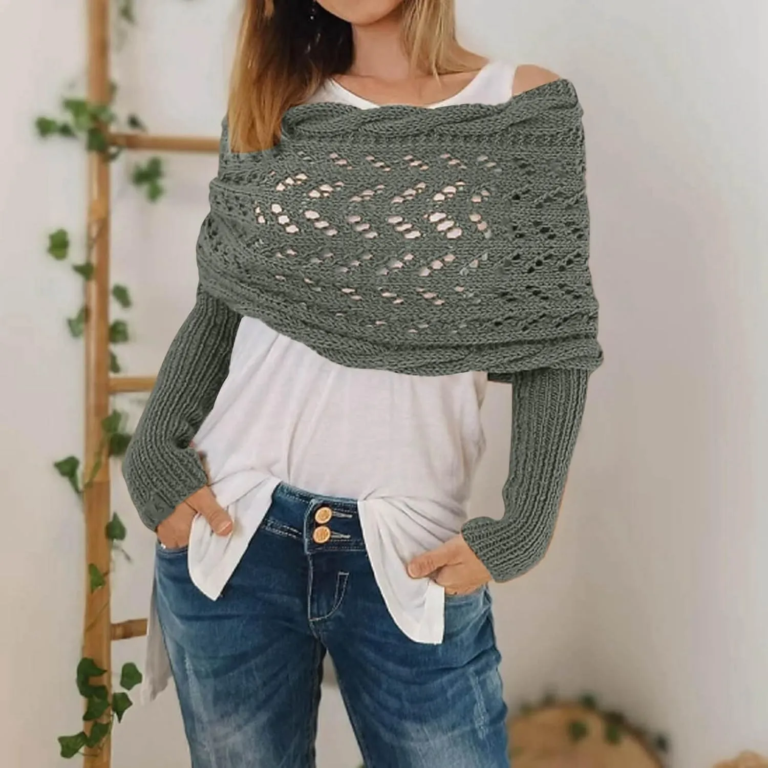 Shawl Wraps for Women Knitted Cable Wrap Sweater for Women Knitted Double Sleeve Scarf Hollow Out Crochet Shrugs