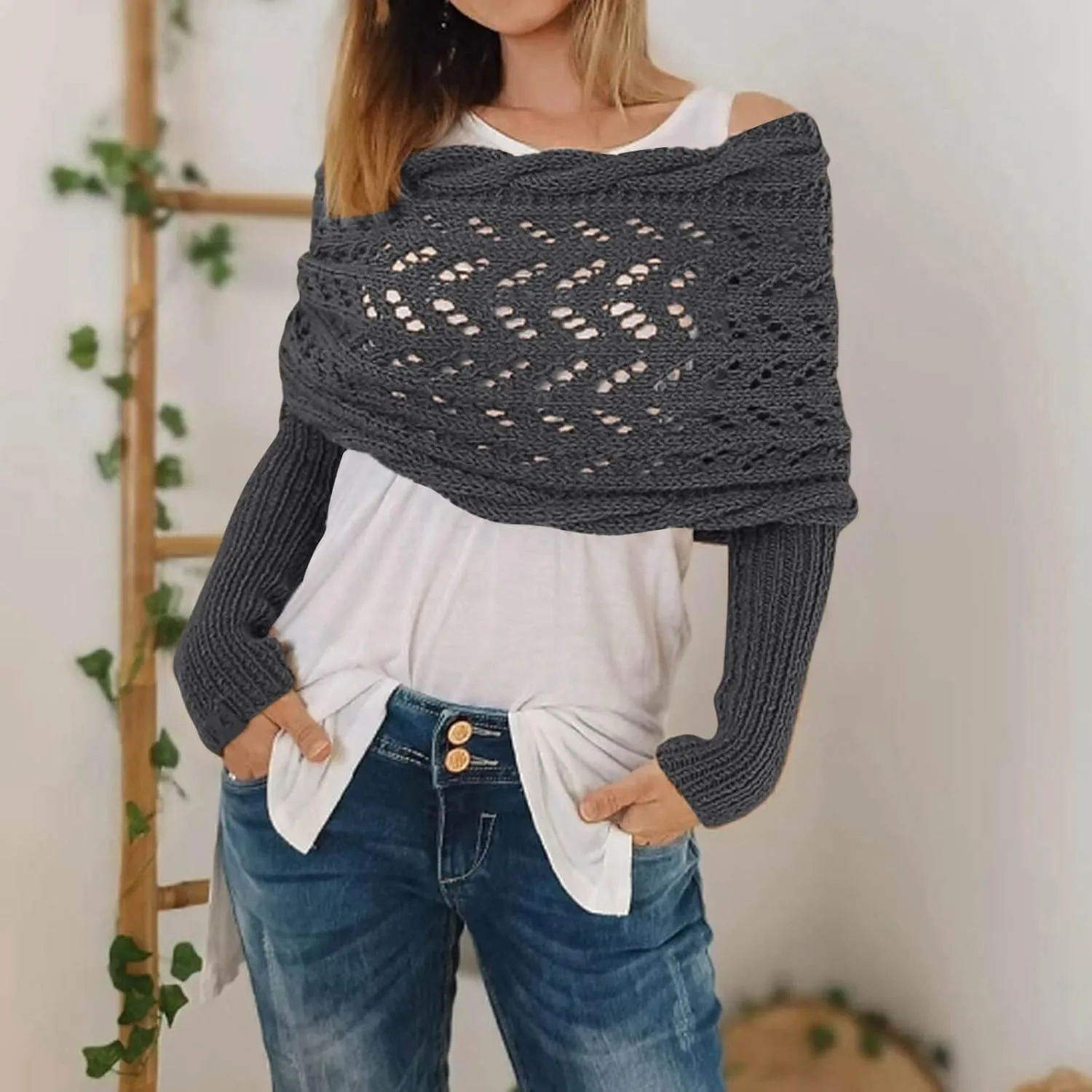 Shawl Wraps for Women Knitted Cable Wrap Sweater for Women Knitted Double Sleeve Scarf Hollow Out Crochet Shrugs