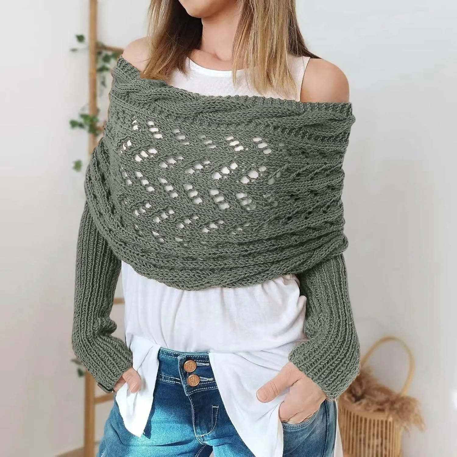 Shawl Wraps for Women Knitted Cable Wrap Sweater for Women Knitted Double Sleeve Scarf Hollow Out Crochet Shrugs