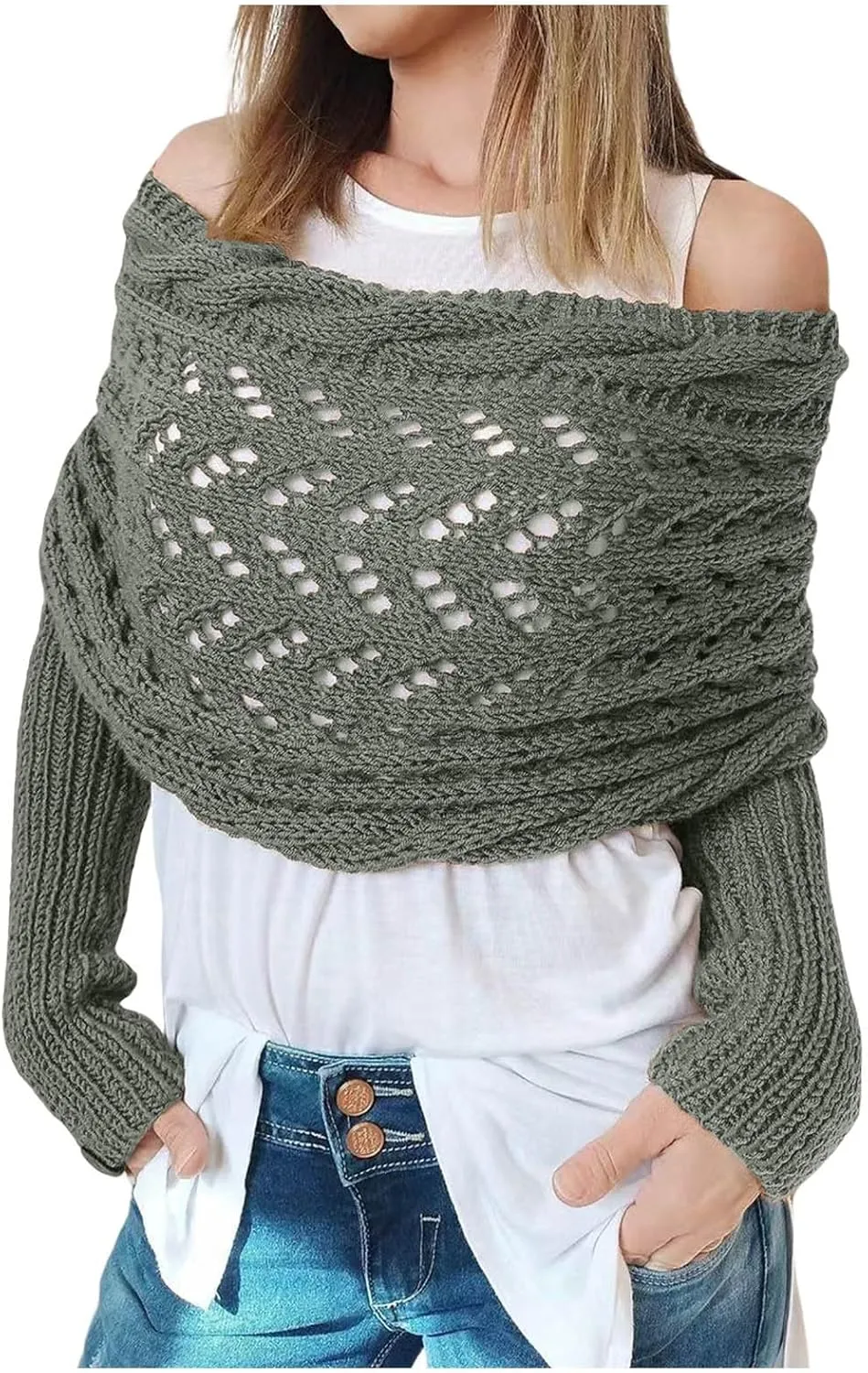Shawl Wraps for Women Knitted Cable Wrap Sweater for Women Knitted Double Sleeve Scarf Hollow Out Crochet Shrugs