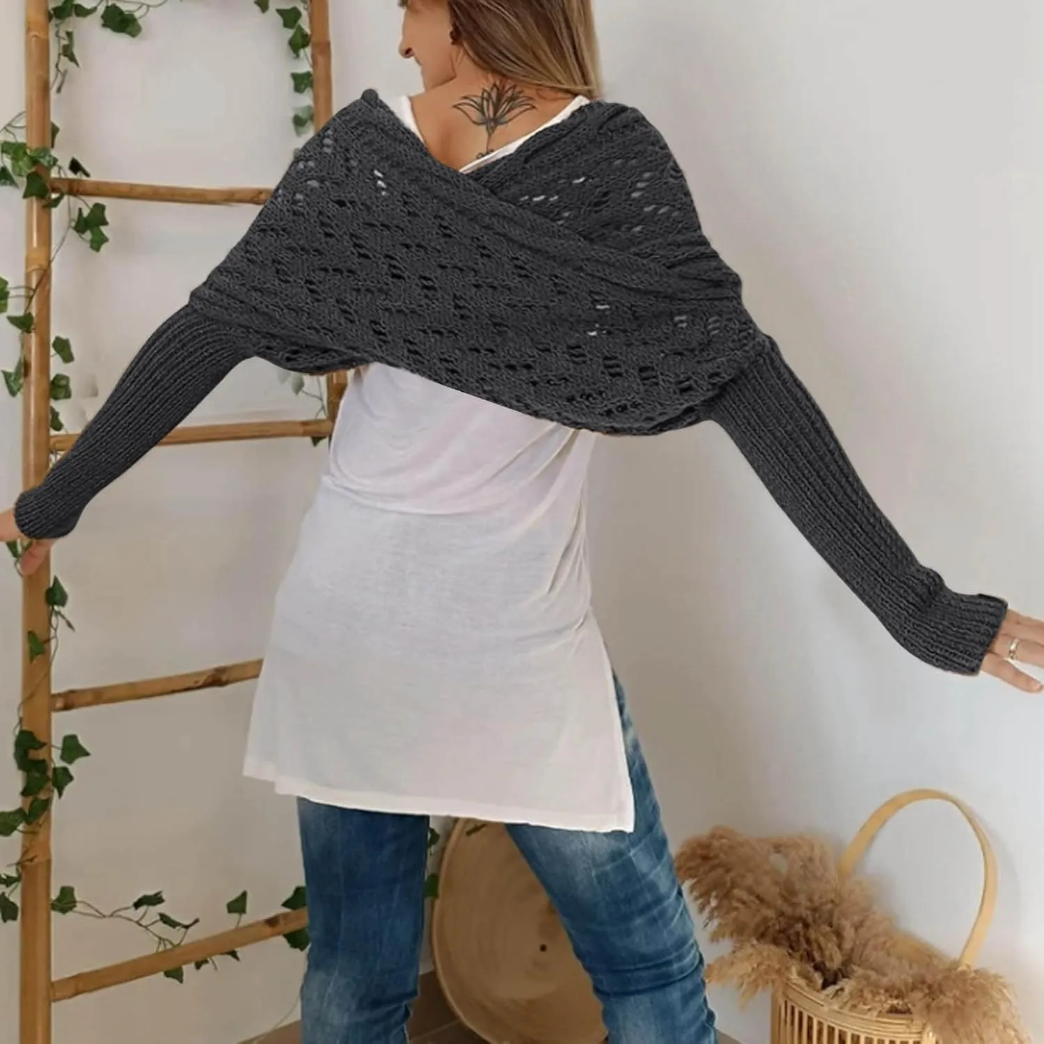 Shawl Wraps for Women Knitted Cable Wrap Sweater for Women Knitted Double Sleeve Scarf Hollow Out Crochet Shrugs