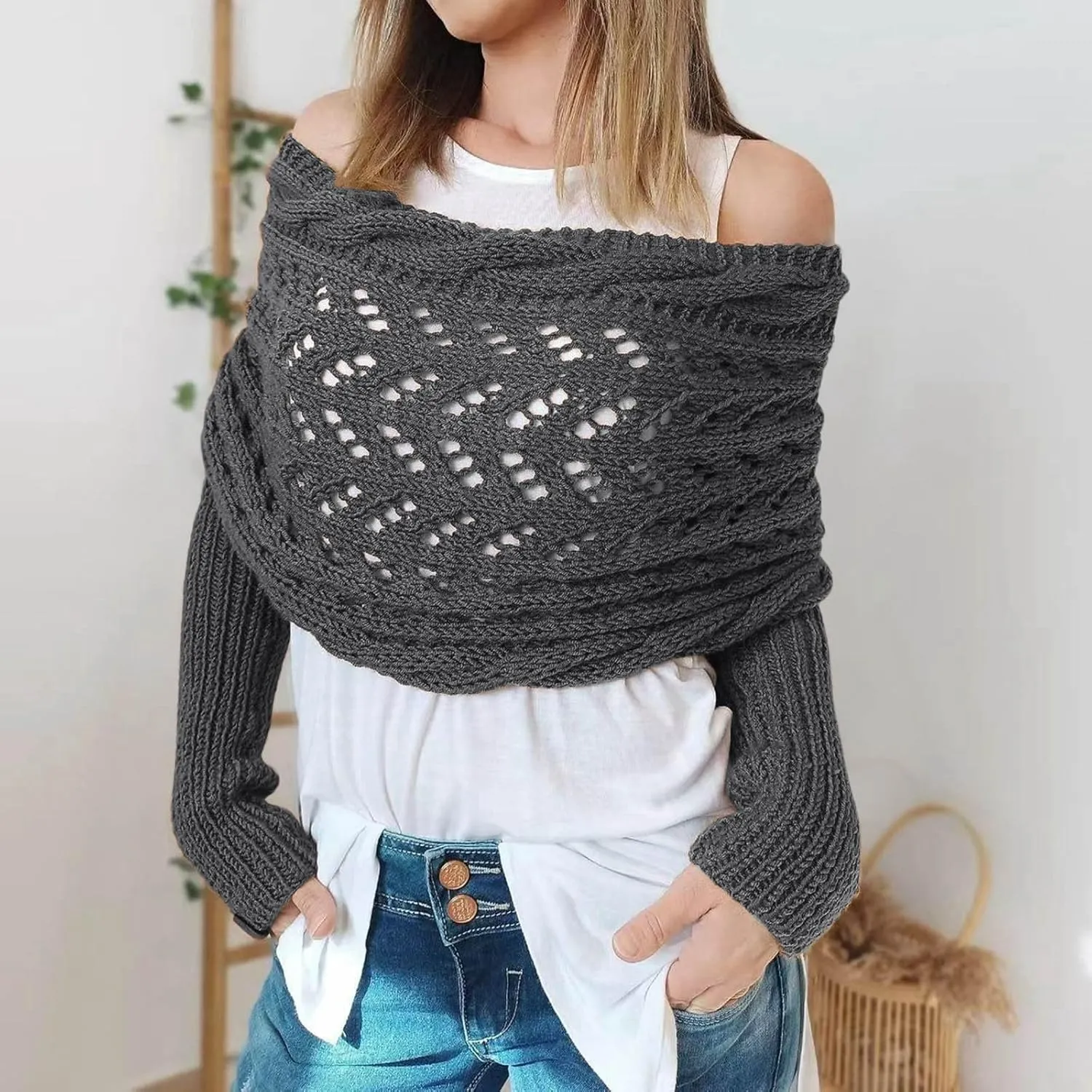 Shawl Wraps for Women Knitted Cable Wrap Sweater for Women Knitted Double Sleeve Scarf Hollow Out Crochet Shrugs