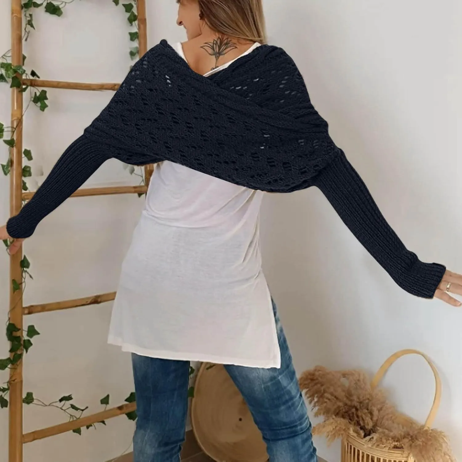 Shawl Wraps for Women Knitted Cable Wrap Sweater for Women Knitted Double Sleeve Scarf Hollow Out Crochet Shrugs
