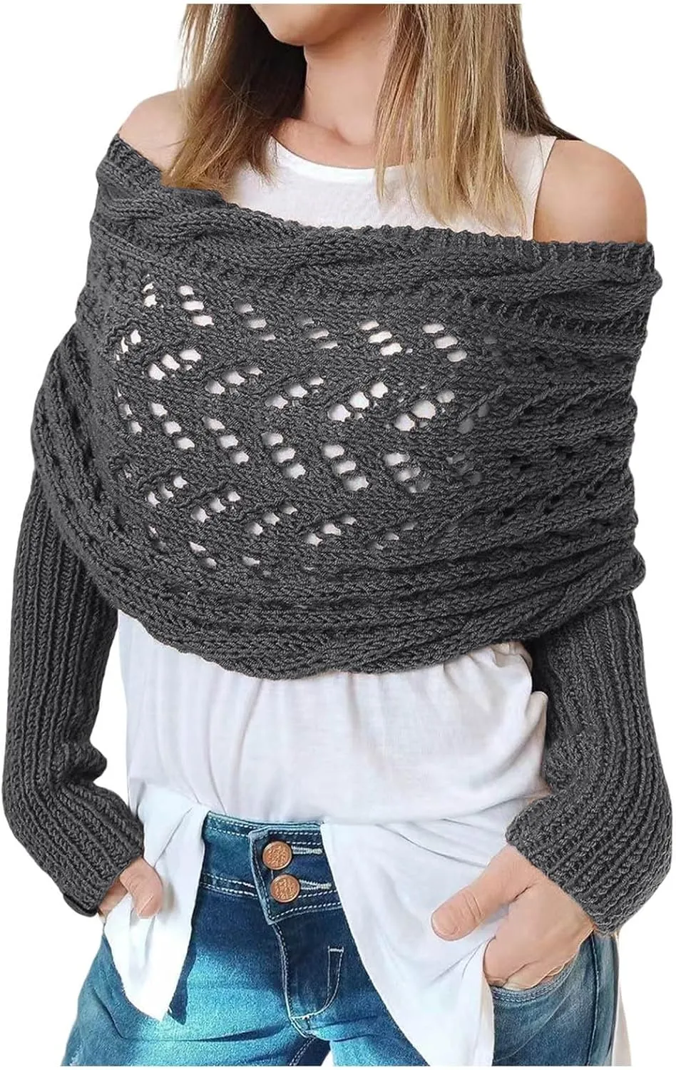 Shawl Wraps for Women Knitted Cable Wrap Sweater for Women Knitted Double Sleeve Scarf Hollow Out Crochet Shrugs