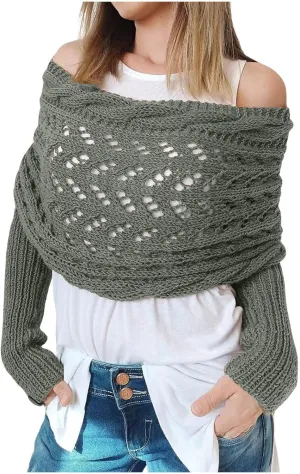Shawl Wraps for Women Knitted Cable Wrap Sweater for Women Knitted Double Sleeve Scarf Hollow Out Crochet Shrugs