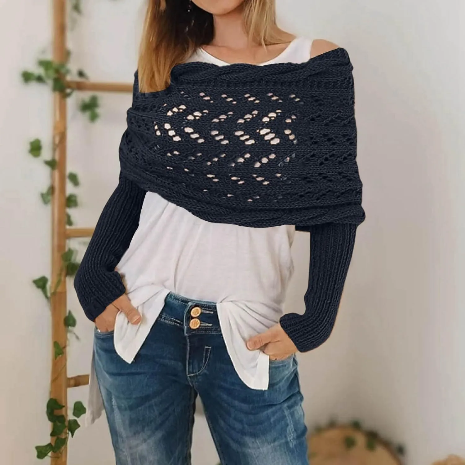 Shawl Wraps for Women Knitted Cable Wrap Sweater for Women Knitted Double Sleeve Scarf Hollow Out Crochet Shrugs