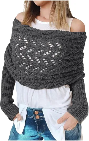 Shawl Wraps for Women Knitted Cable Wrap Sweater for Women Knitted Double Sleeve Scarf Hollow Out Crochet Shrugs