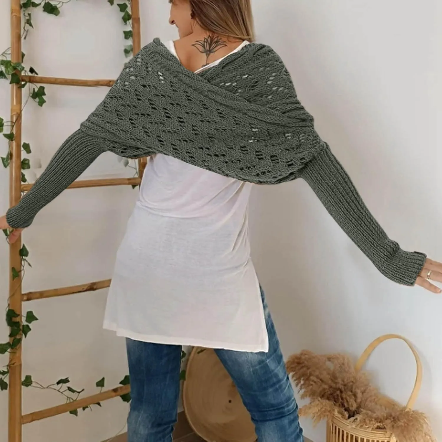 Shawl Wraps for Women Knitted Cable Wrap Sweater for Women Knitted Double Sleeve Scarf Hollow Out Crochet Shrugs
