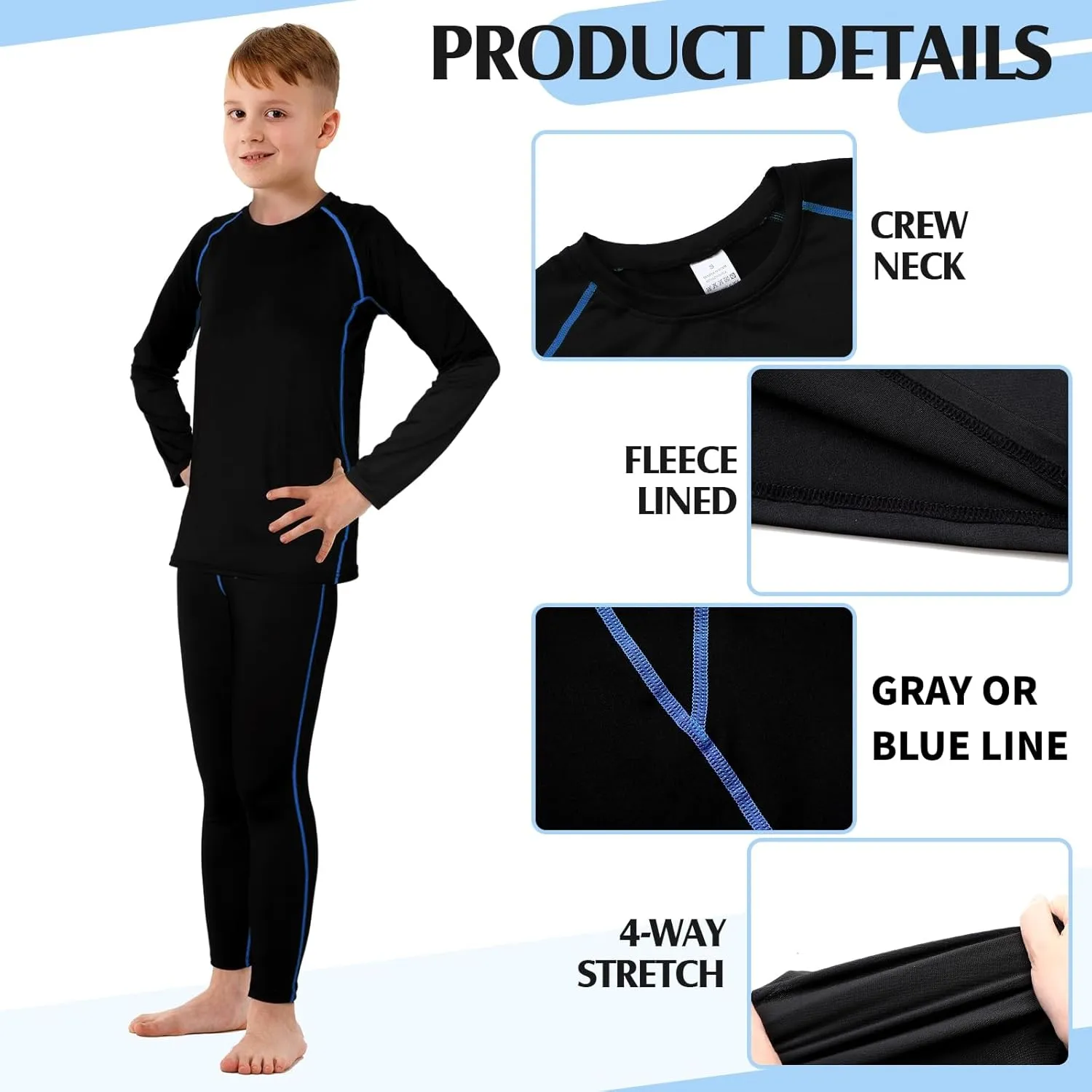 Suhine 3 Sets Thermal Underwear for Kids Boys Girls Winter Base Layer Athletic Compression Fleece for Sport Football