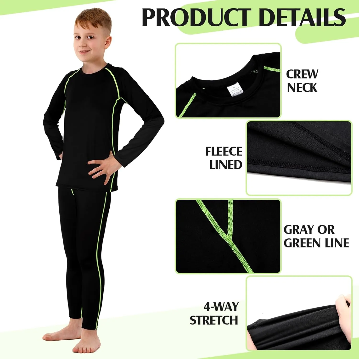 Suhine 3 Sets Thermal Underwear for Kids Boys Girls Winter Base Layer Athletic Compression Fleece for Sport Football