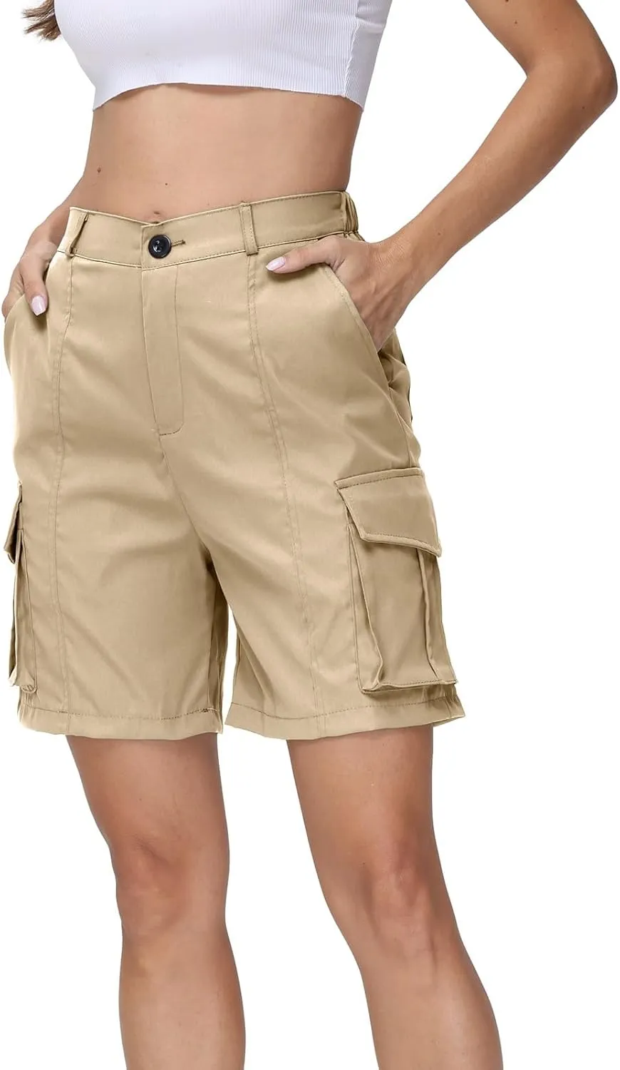 Summer Bermuda Cargo Shorts Women Knee Length Hiking Shorts 6 Pockets Casual High Waisted Camping Travel Shorts 2024