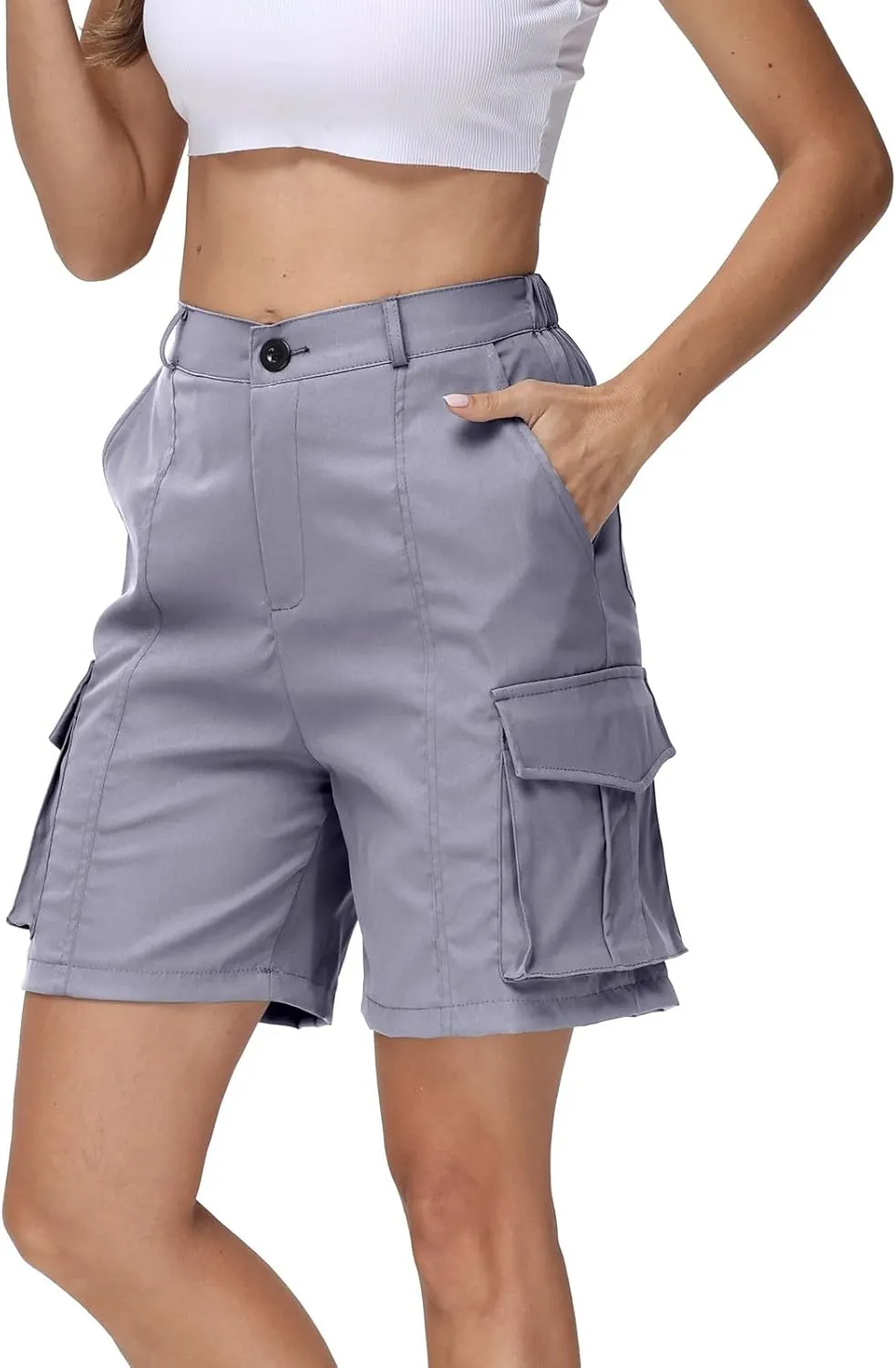 Summer Bermuda Cargo Shorts Women Knee Length Hiking Shorts 6 Pockets Casual High Waisted Camping Travel Shorts 2024