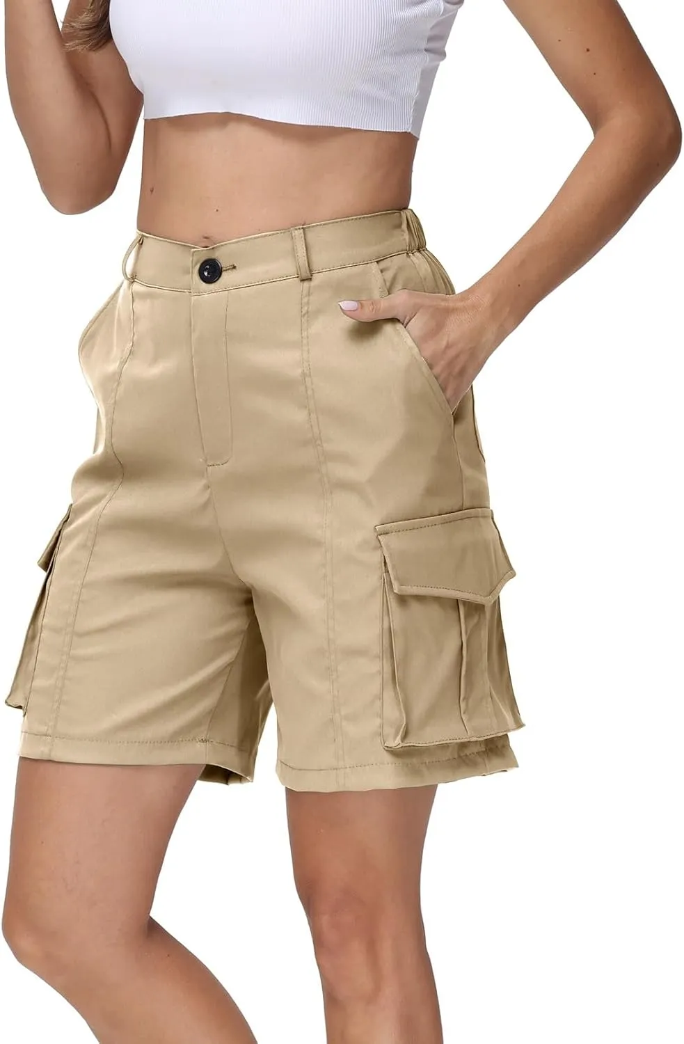 Summer Bermuda Cargo Shorts Women Knee Length Hiking Shorts 6 Pockets Casual High Waisted Camping Travel Shorts 2024
