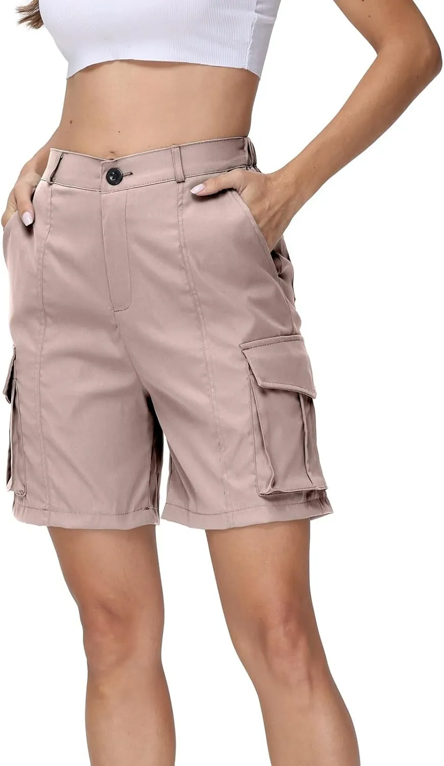 Summer Bermuda Cargo Shorts Women Knee Length Hiking Shorts 6 Pockets Casual High Waisted Camping Travel Shorts 2024