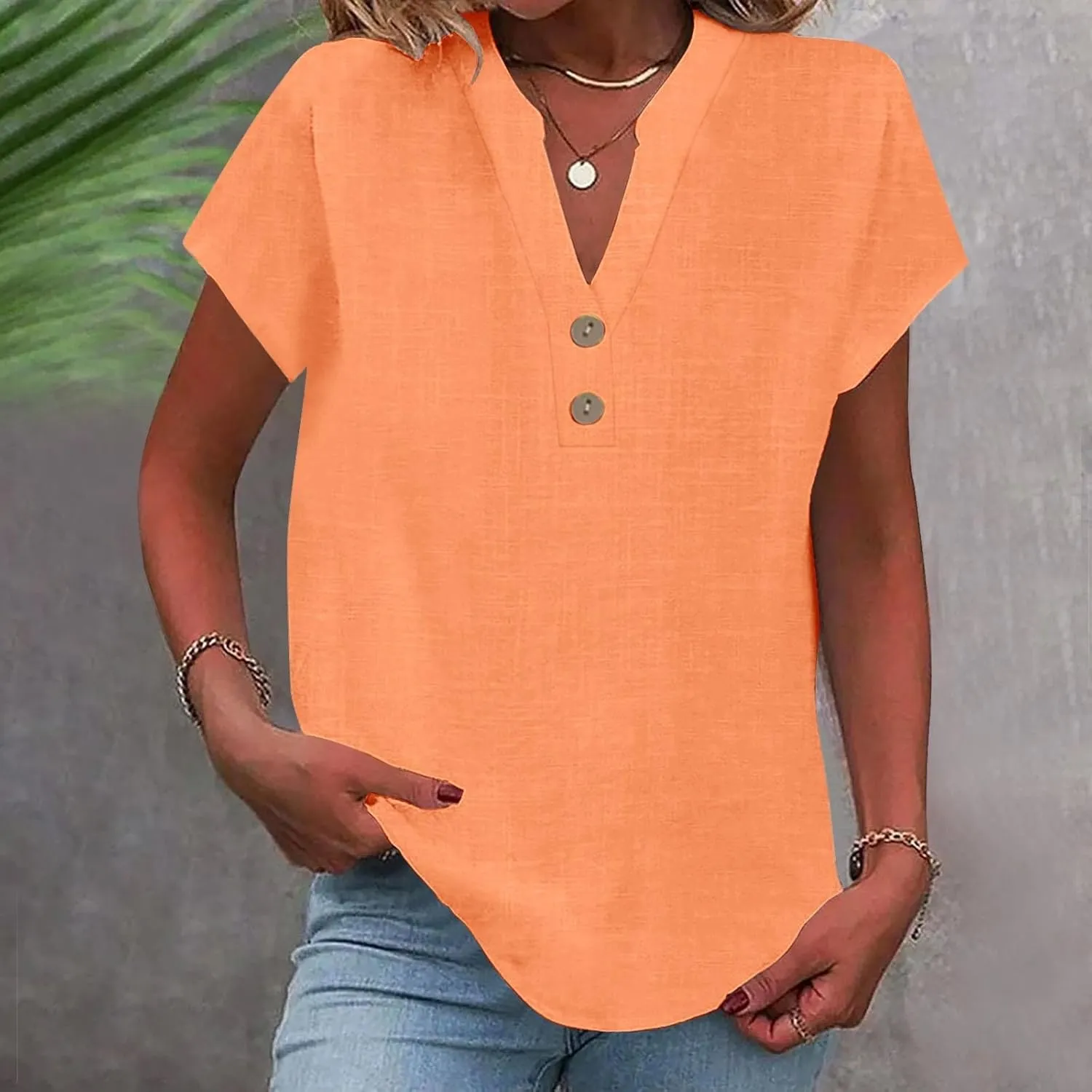 Summer Tops for Women,2025 Trendy Short Sleeve Cotton Linen Shirt Casual Button v Neck Tunic Blouses Outfits,