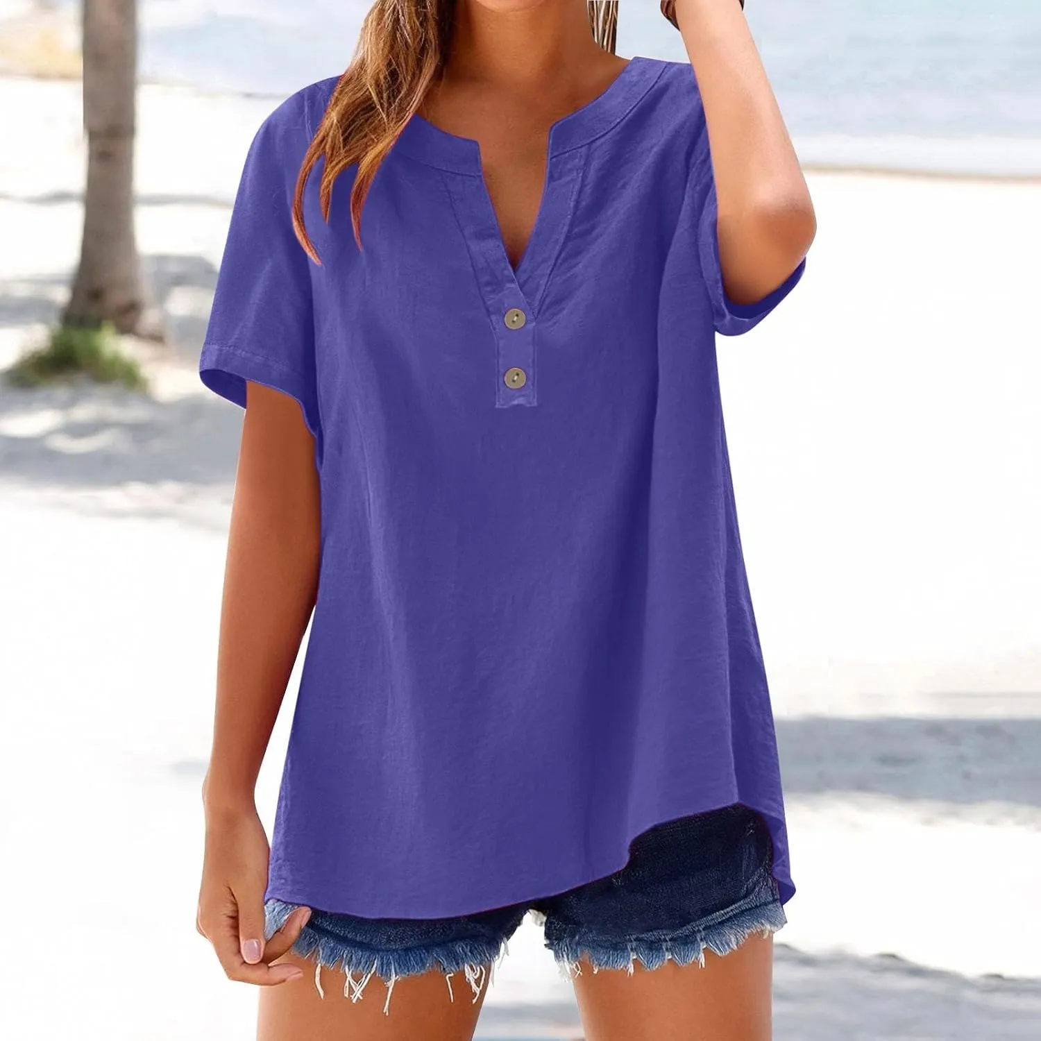 Summer Tops for Women,2025 Trendy Short Sleeve Cotton Linen Shirt Casual Button v Neck Tunic Blouses Outfits,
